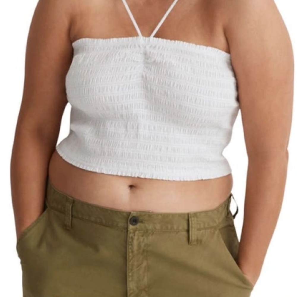 Madewell XL Top Lexi Crinkle Poplin Crop Tube Top 100% cotton Eyelet White